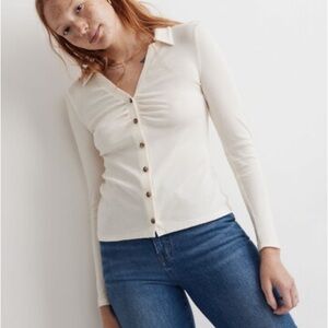 Madewell Ruched Polo Cardigan top in Ivory